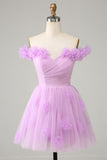 Cute A Line Off the Shoulder Lilac Short Cocktail Dress with Flowers