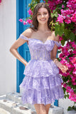 A Line Off the Shoulder Blue Corset Cocktail Dress with Lace