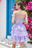 A Line Off the Shoulder Blue Corset Cocktail Dress with Lace
