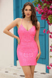 Sheath Spaghetti Straps Fuchsia Sequins Short Cocktail Dress