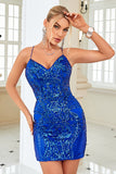 Sheath Spaghetti Straps Royal Blue Sequins Short Cocktail Dress