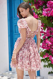 A Line Purple Printed Cocktail Dress with Ruffles