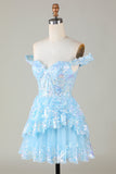 Sparkly Red A-Line Corset Tiered Lace Short Ball Dress