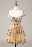 Sparkly Golden Corset Tiered Lace A-Line Short Ball Dress