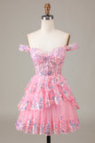 Sparkly Pink A-Line Corset Tiered Lace Short Ball Dress