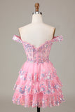Sparkly Red A-Line Corset Tiered Lace Short Ball Dress