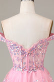 Sparkly Red A-Line Corset Tiered Lace Short Ball Dress