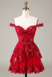 Sparkly Red A-Line Corset Tiered Lace Short Ball Dress