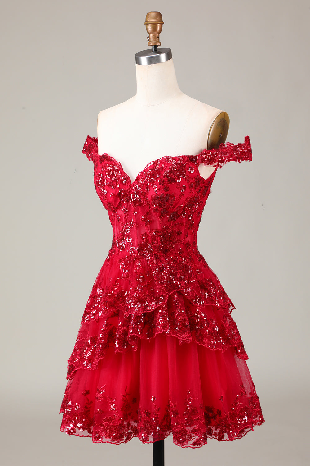 Sparkly Red A-Line Corset Tiered Lace Short Ball Dress