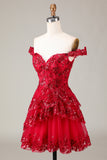 Sparkly Red A-Line Corset Tiered Lace Short Ball Dress