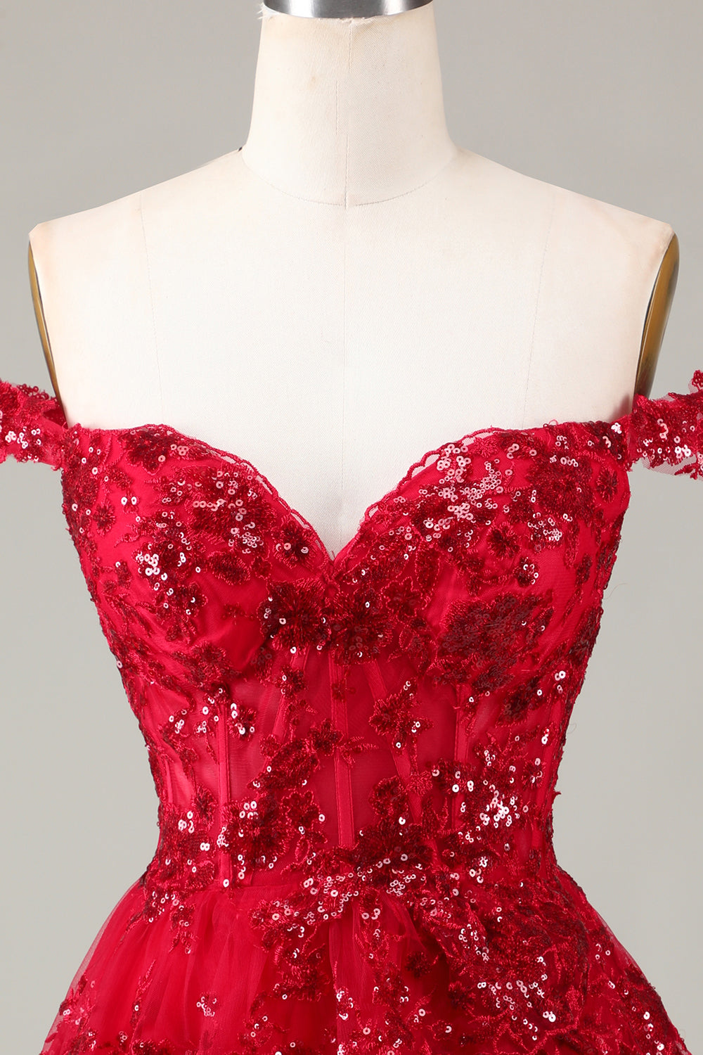 Sparkly Red A-Line Corset Tiered Lace Short Ball Dress
