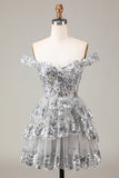 Sparkly Silver A-Line Corset Tiered Lace Short Ball Dress