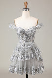 Sparkly Blue Corset Tiered Lace A-Line Short Ball Dress