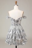 Sparkly Blue Corset Tiered Lace A-Line Short Ball Dress