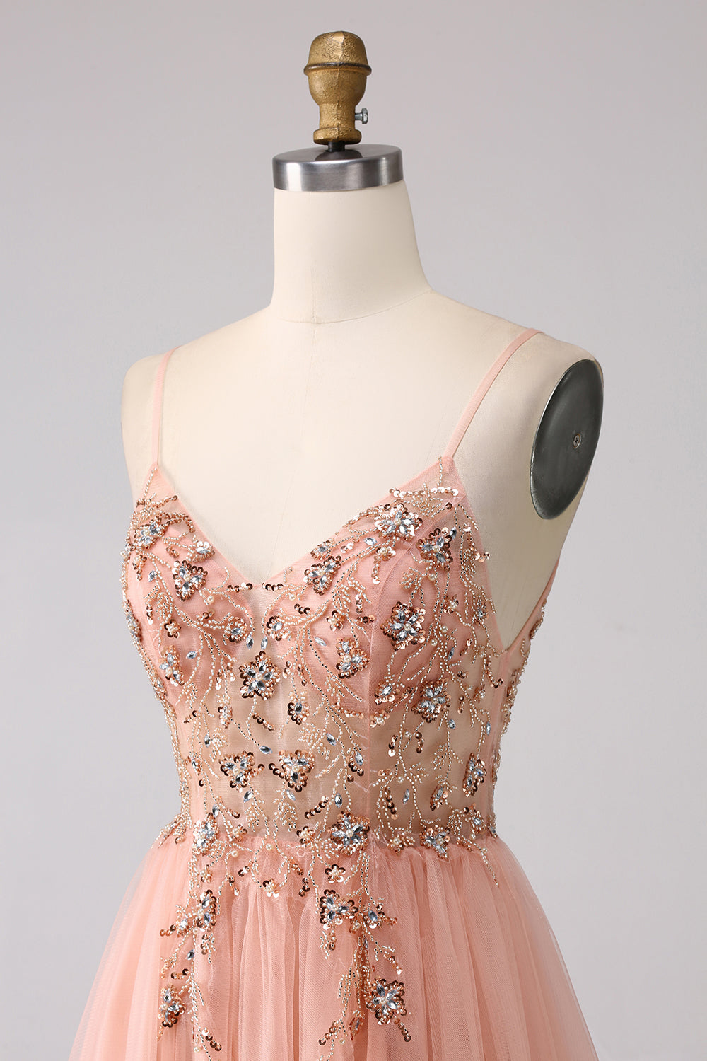 Sparkly Blush A Line Sequins Spaghetti Straps Long Ball Dress With Slit