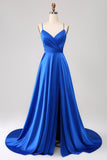 Royal Blue A Line Spaghetti Straps Satin Ball Dress with Slit