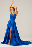 Royal Blue Satin A Line Spaghetti Straps Ball Dress with Slit