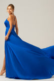 Royal Blue Satin A Line Spaghetti Straps Ball Dress with Slit