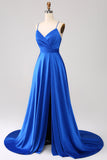 Royal Blue A Line Spaghetti Straps Satin Ball Dress with Slit