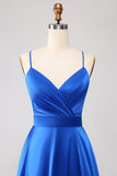 Royal Blue A Line Spaghetti Straps Satin Ball Dress with Slit