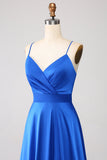 Royal Blue A Line Spaghetti Straps Satin Ball Dress with Slit