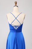 Royal Blue A Line Spaghetti Straps Satin Ball Dress with Slit