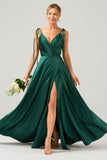 Dark Green A-Line Ruched Spaghetti Straps Long Bridesmaid Dress with Slit