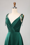 Simple Dark Green Spaghetti Straps Ruched Ball Dress with Slit