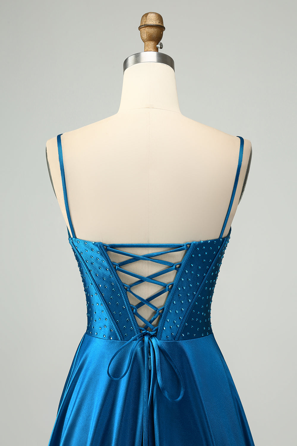 Sparkly Dark Blue A Line Corset Beaded Long Ball Dress With Slit