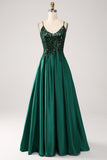 Dark Green A-Line Spaghetti Straps Long Ball Dress