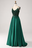 Dark Green A-Line Spaghetti Straps Long Ball Dress