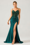 Sparkly Dark Green Mermaid Sequin Pleated Corset Long Ball Dress with Slit