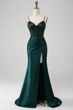 Sparkly Dark Green Mermaid Sequin Pleated Corset Ball Dress With Slit