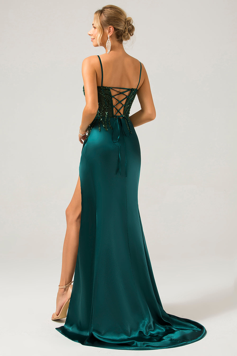Sparkly Dark Green Mermaid Sequin Pleated Corset Long Ball Dress with Slit