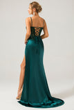 Sparkly Dark Green Mermaid Sequin Pleated Corset Long Ball Dress with Slit