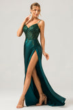 Sparkly Dark Green Mermaid Sequin Pleated Corset Long Ball Dress with Slit