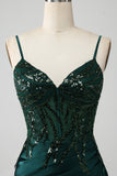Sparkly Dark Green Mermaid Sequin Pleated Corset Ball Dress With Slit