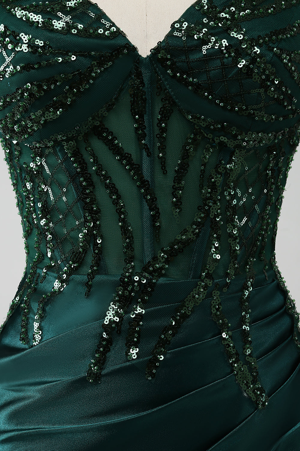 Sparkly Dark Green Mermaid Sequin Pleated Corset Ball Dress With Slit