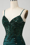 Sparkly Dark Green Mermaid Sequin Pleated Corset Ball Dress With Slit