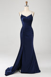 Navy Mermaid Spaghetti Straps Corset Pleated Long Ball Dress with Slit