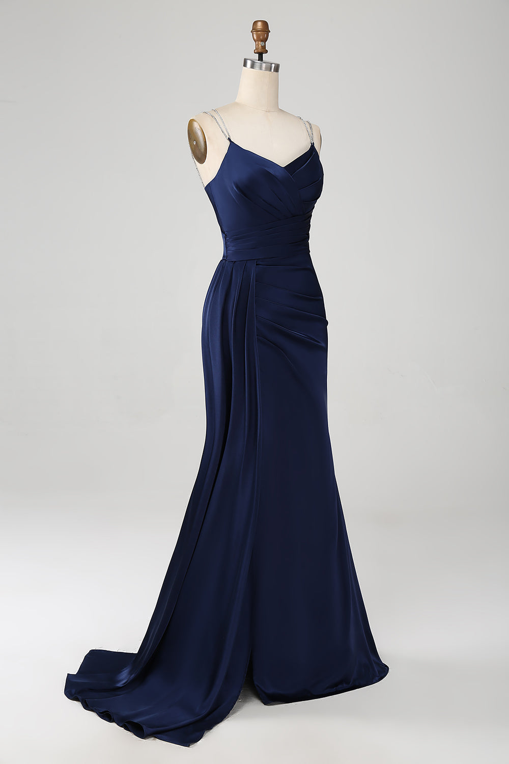 Navy Mermaid Spaghetti Straps Corset Pleated Long Ball Dress with Slit