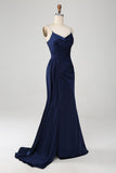 Navy Mermaid Spaghetti Straps Pleated Corset Long Ball Dress wth Slit