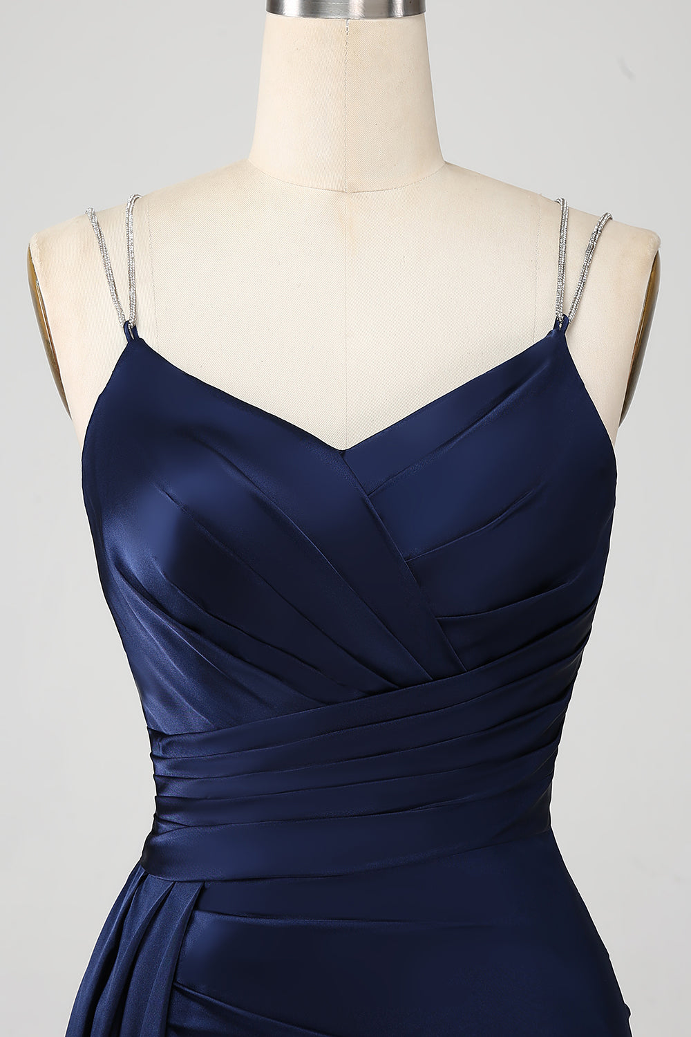Navy Mermaid Spaghetti Straps Corset Pleated Long Ball Dress with Slit