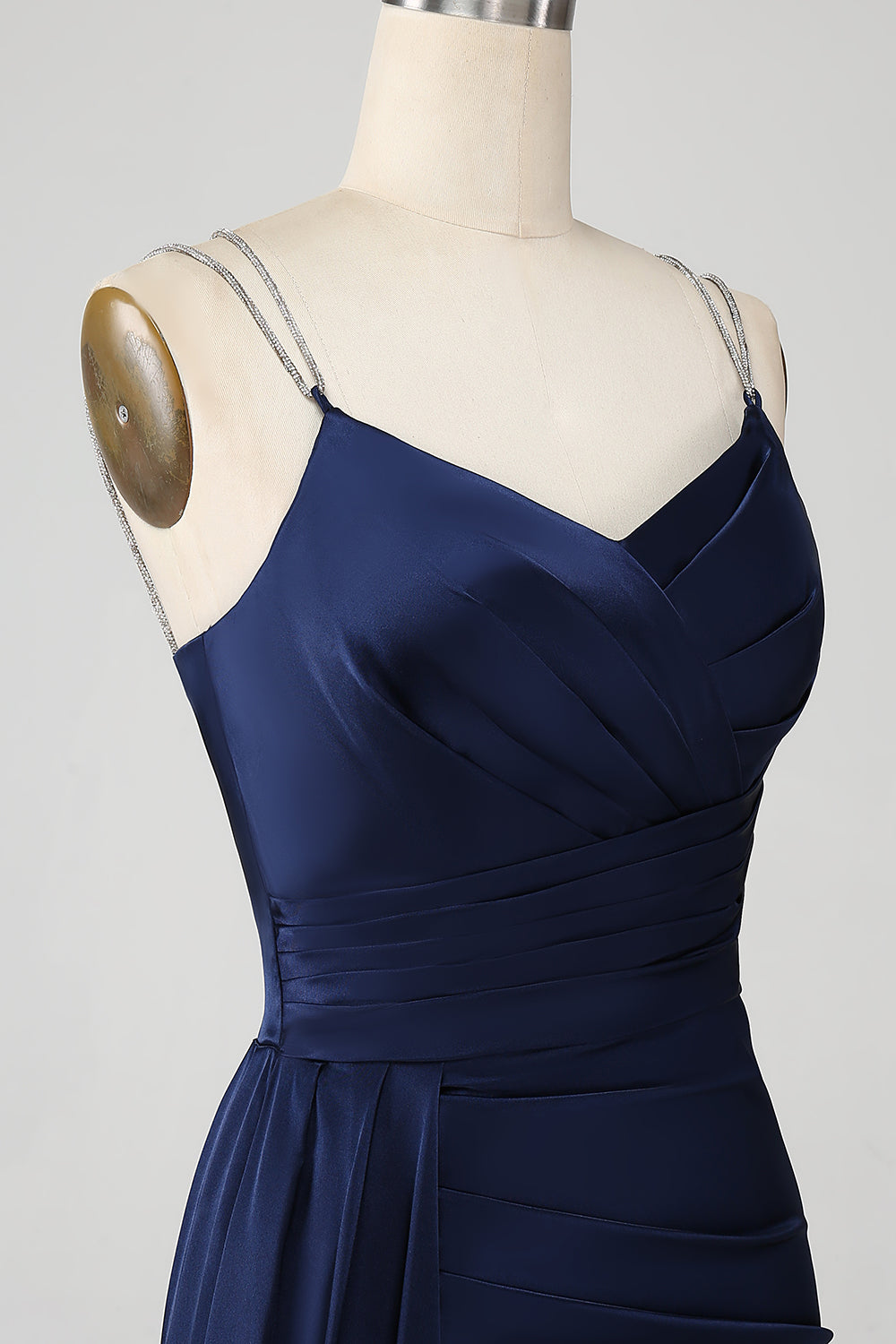 Navy Mermaid Spaghetti Straps Corset Pleated Long Ball Dress with Slit