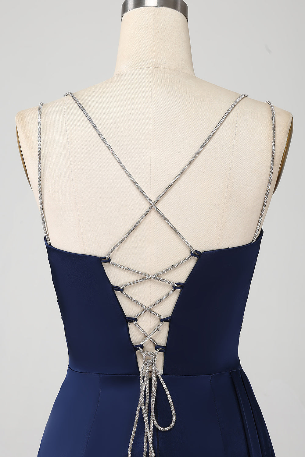 Navy Mermaid Spaghetti Straps Corset Pleated Long Ball Dress with Slit