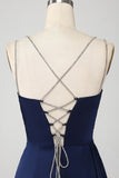 Navy Mermaid Spaghetti Straps Corset Pleated Long Ball Dress with Slit