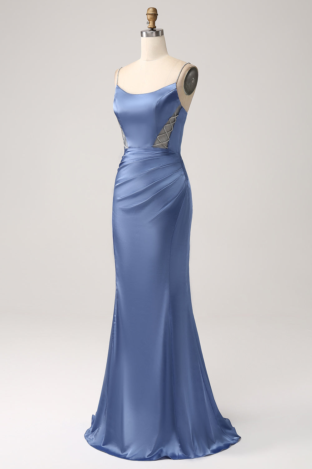 Mermaid Grey Blue Satin Spaghetti Straps Long Ball Dress