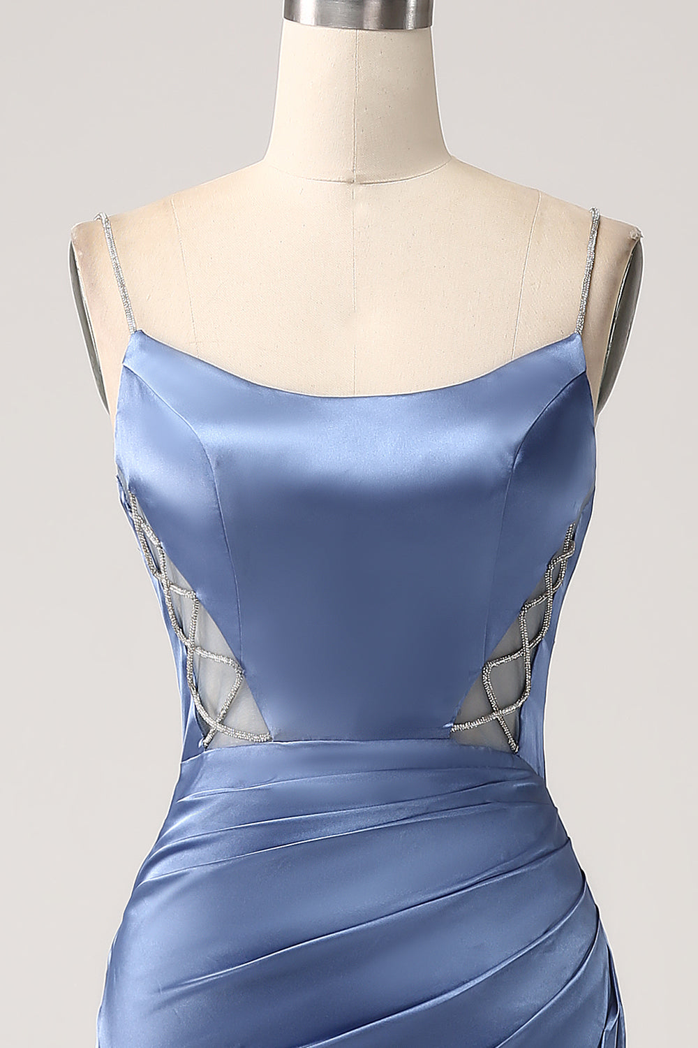Mermaid Grey Blue Satin Spaghetti Straps Long Ball Dress