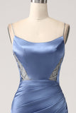 Mermaid Grey Blue Satin Spaghetti Straps Long Ball Dress