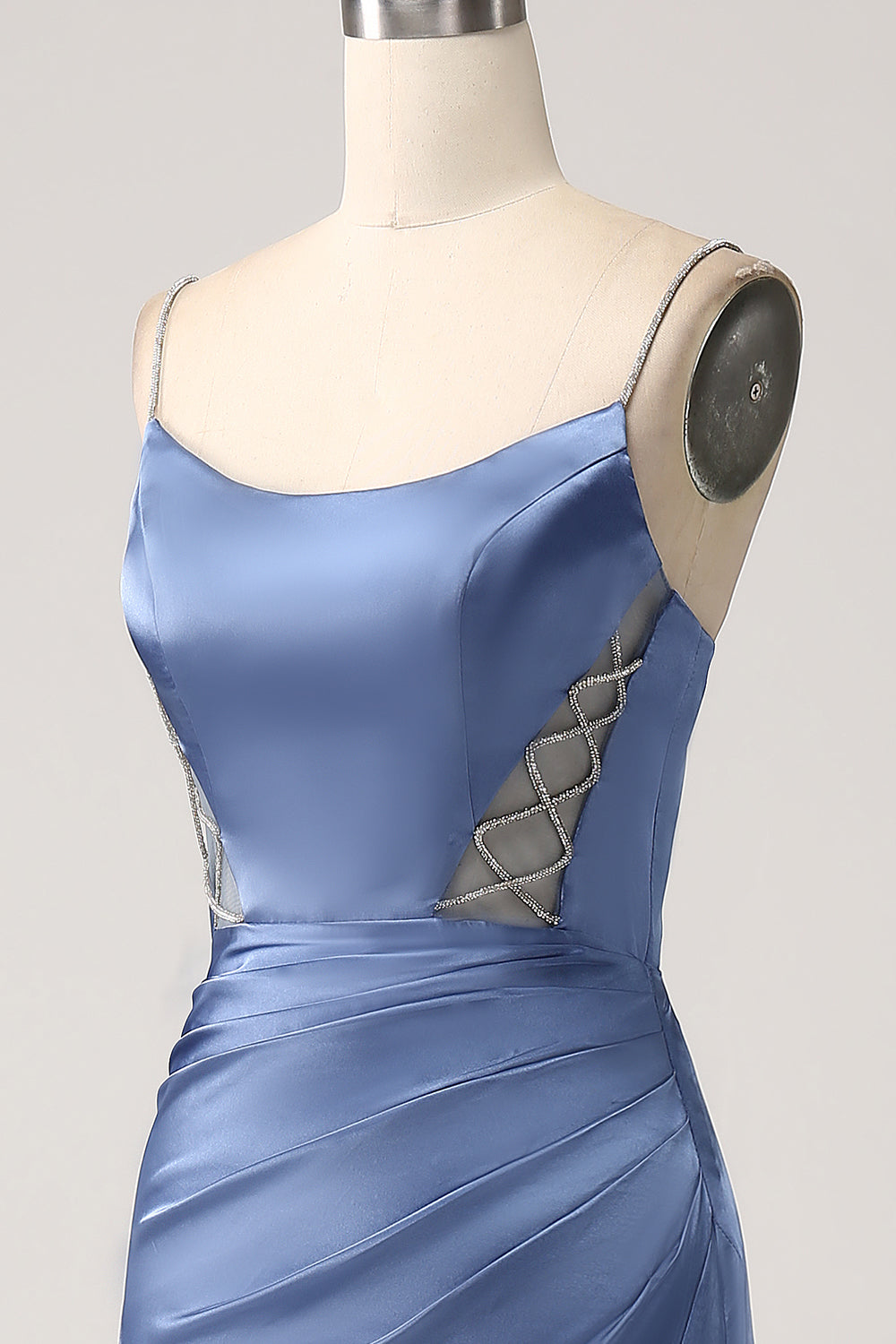 Mermaid Grey Blue Satin Spaghetti Straps Long Ball Dress